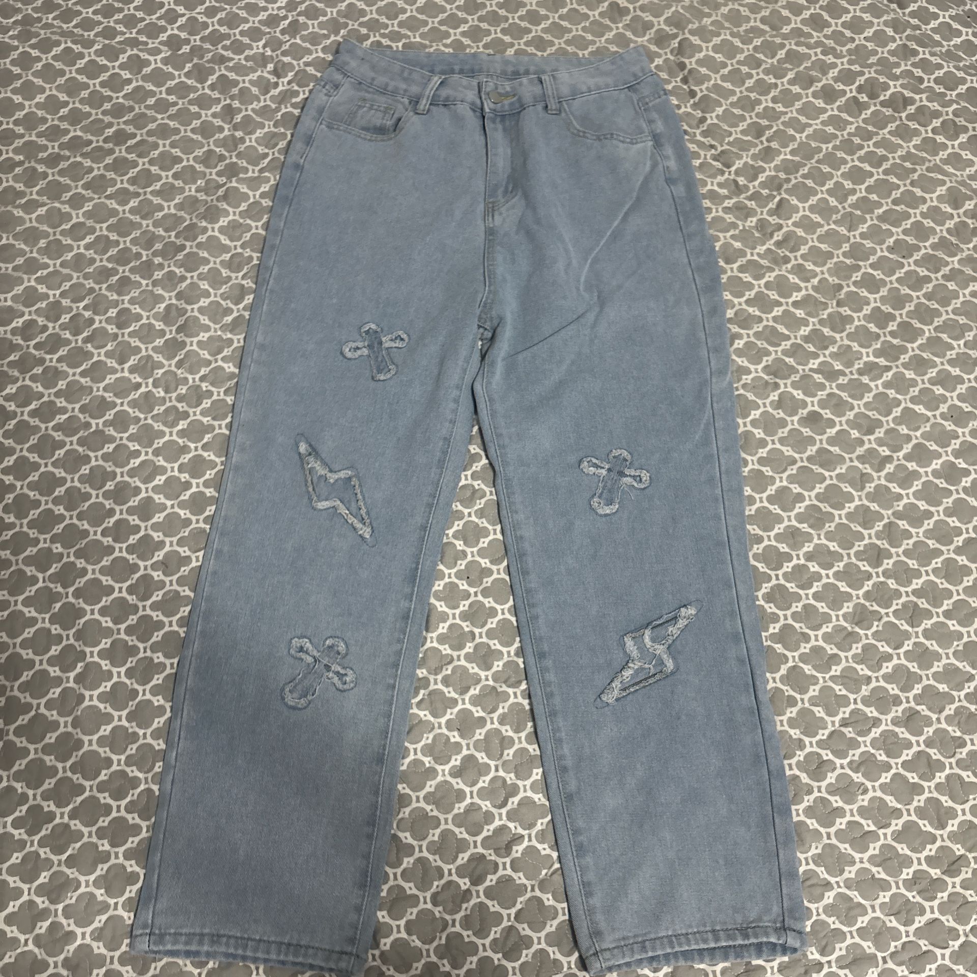 Light Blue Denim Jeans With Cross Design