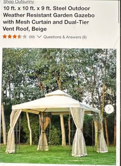 10 ft. x 10 ft. x 9 ft. Steel Outdoor Weather Resistant Garden Gazebo with Mesh Curtain and Dual-Tier Vent Roof, Beige