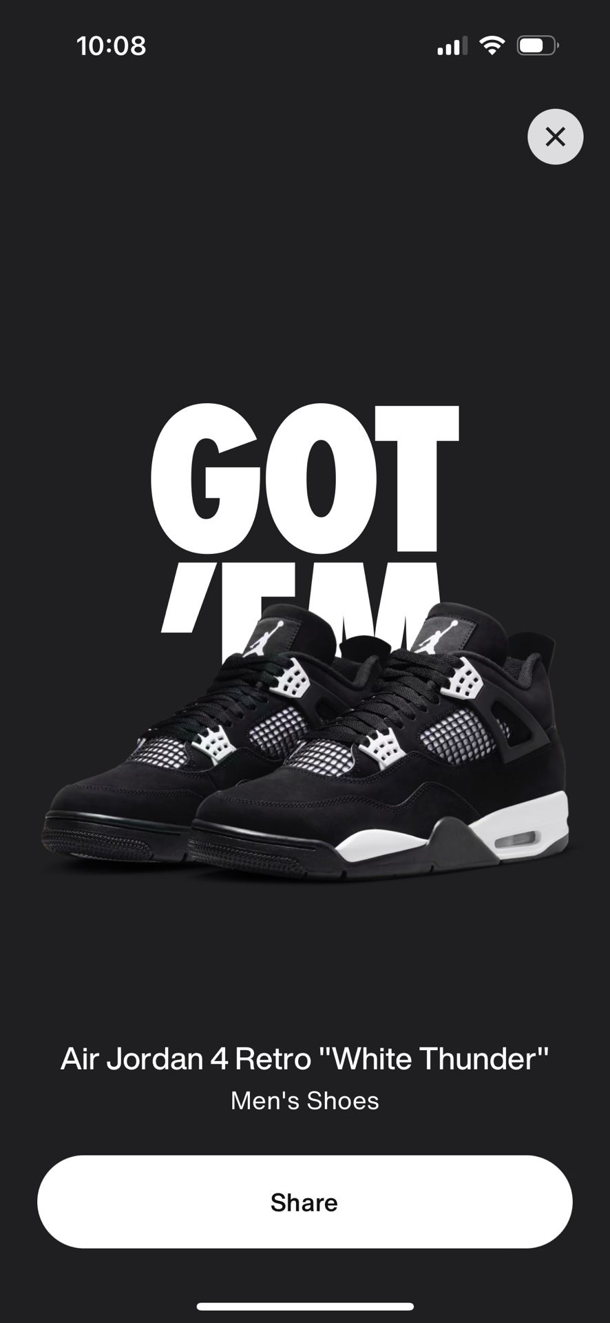 MEN White Thunder Jordan 4 Sz 10.5