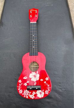 Vintage Hawaii Leolani Soprano Ukulele - Vibrant Red with White Hibiscus Floral Print - Made in Honolulu, Hawaii