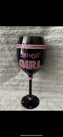 Birthday Girl Wine Glass Black With Purple & Pink Bling