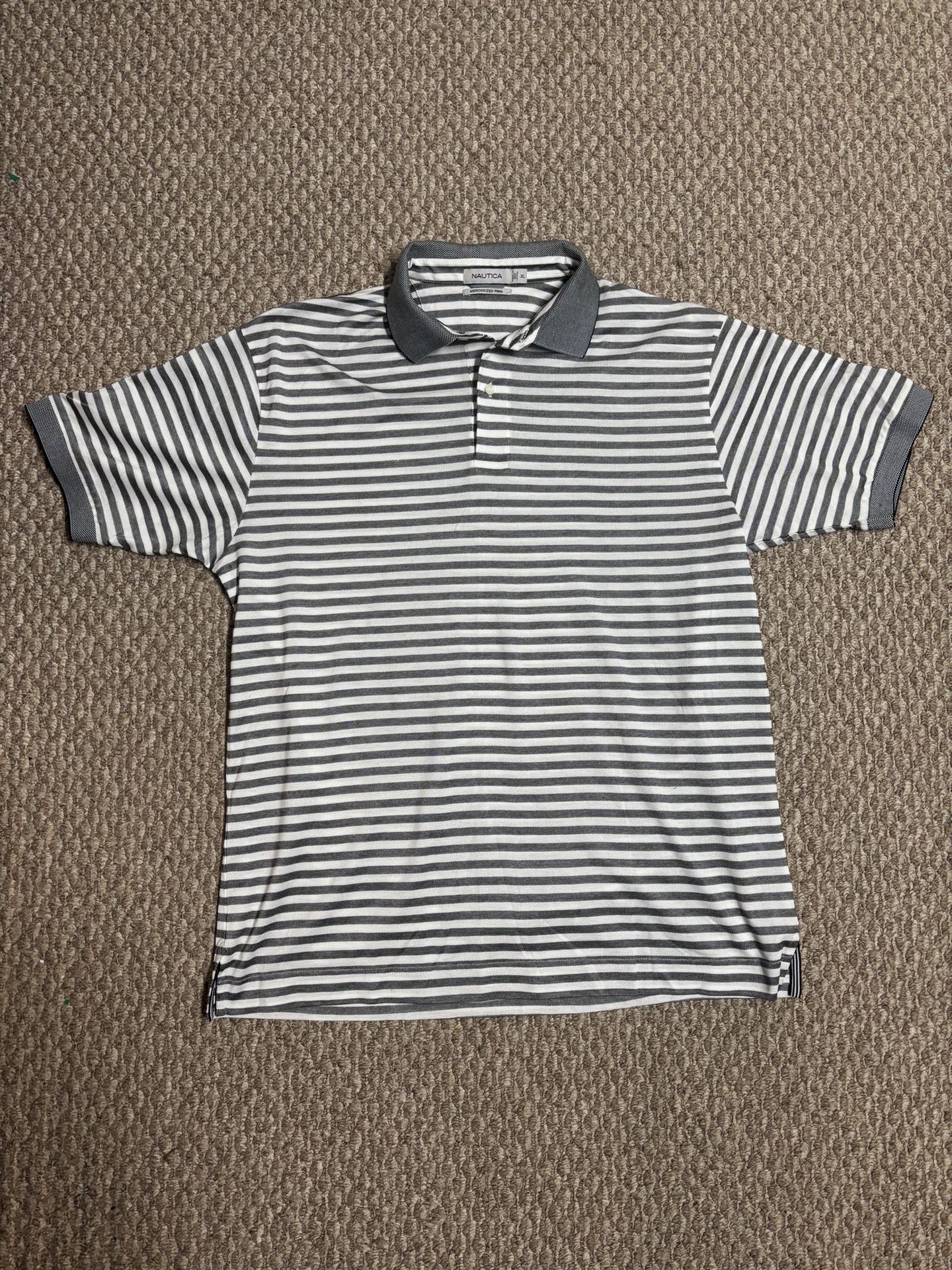 Nautica Gray And White Striped 90s Style Business Casual Polo Shirt