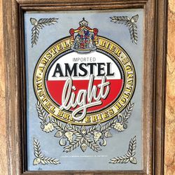 Amstel Light Mirror with Wood Like Frame-Vintage.   
