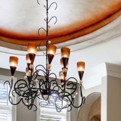 Tinted Amber Glass Iron Chandelier w/ Wall Sconce Great for Dining Table