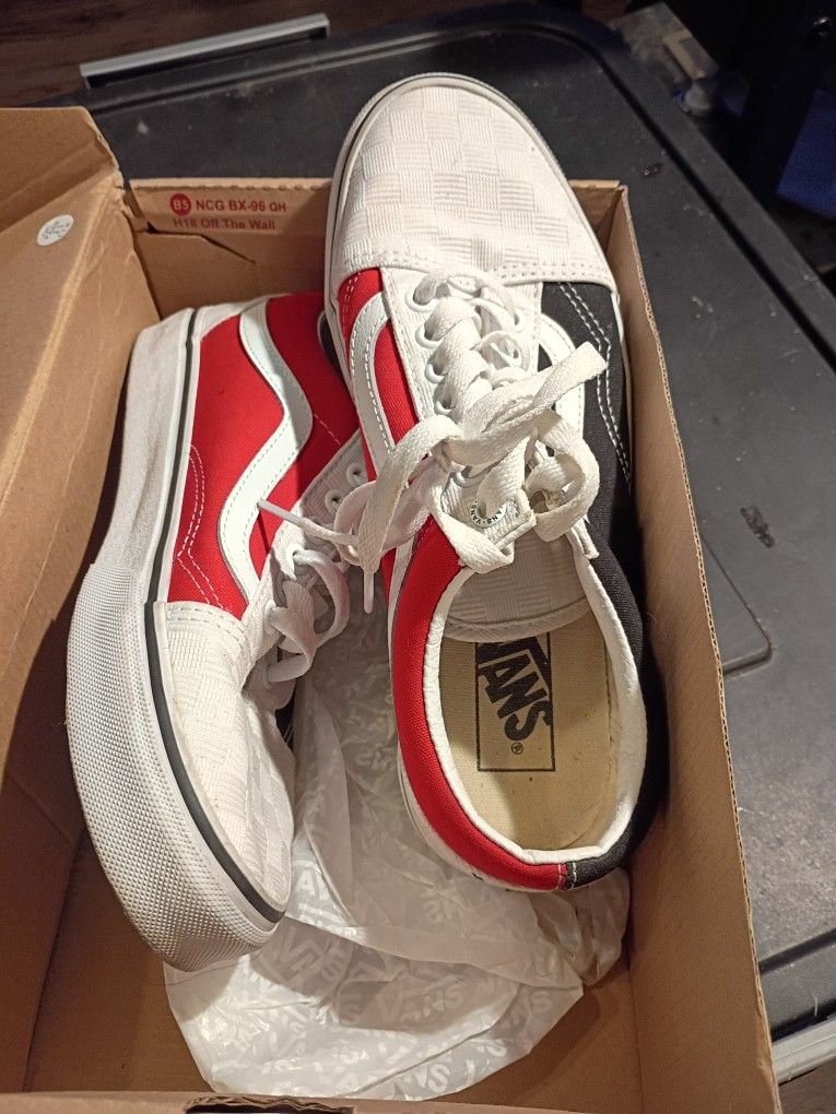 VANS OL SKOOL CHECKER BOARD WHITE RED BLACK MENS 7.0 WOMEN 8.5 SNEAKERS