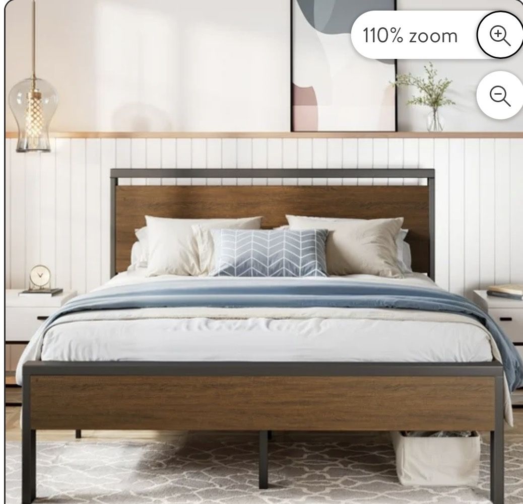Full Size Bed Frame, Heavy Duty Metal Platform Bed with Wooden Headboard & Footboard, Walnut