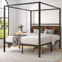 Queen Size Metal Canopy Bed Frame with Wooden Headboard, Classic Design Canopy Bed with 4 Sturdy Posters, Noise Free/No Box Spring Needed/Rust