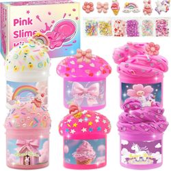 6 Pack Slime Kit, Pink Slime for Kids Slime Kit for Girls Ages 8-12, Slimes Party Favors with Cloud, Clear & Butter Slimes, Birthday Gifts for 9 10 11