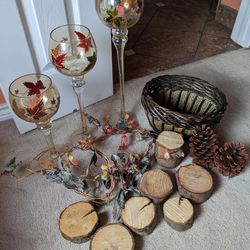 Tall Glass Votive Candle Holders, Wood Slices, Basket 