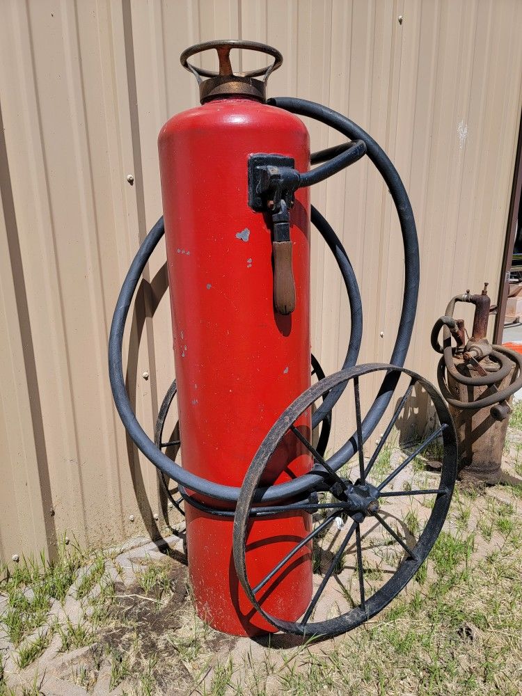 Antique 4' Tall Fire Extinguisher Vintage Rolling Cart Fire Equipment