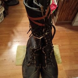 LINEMAN'S-black leather knee high lace up steel toe boots