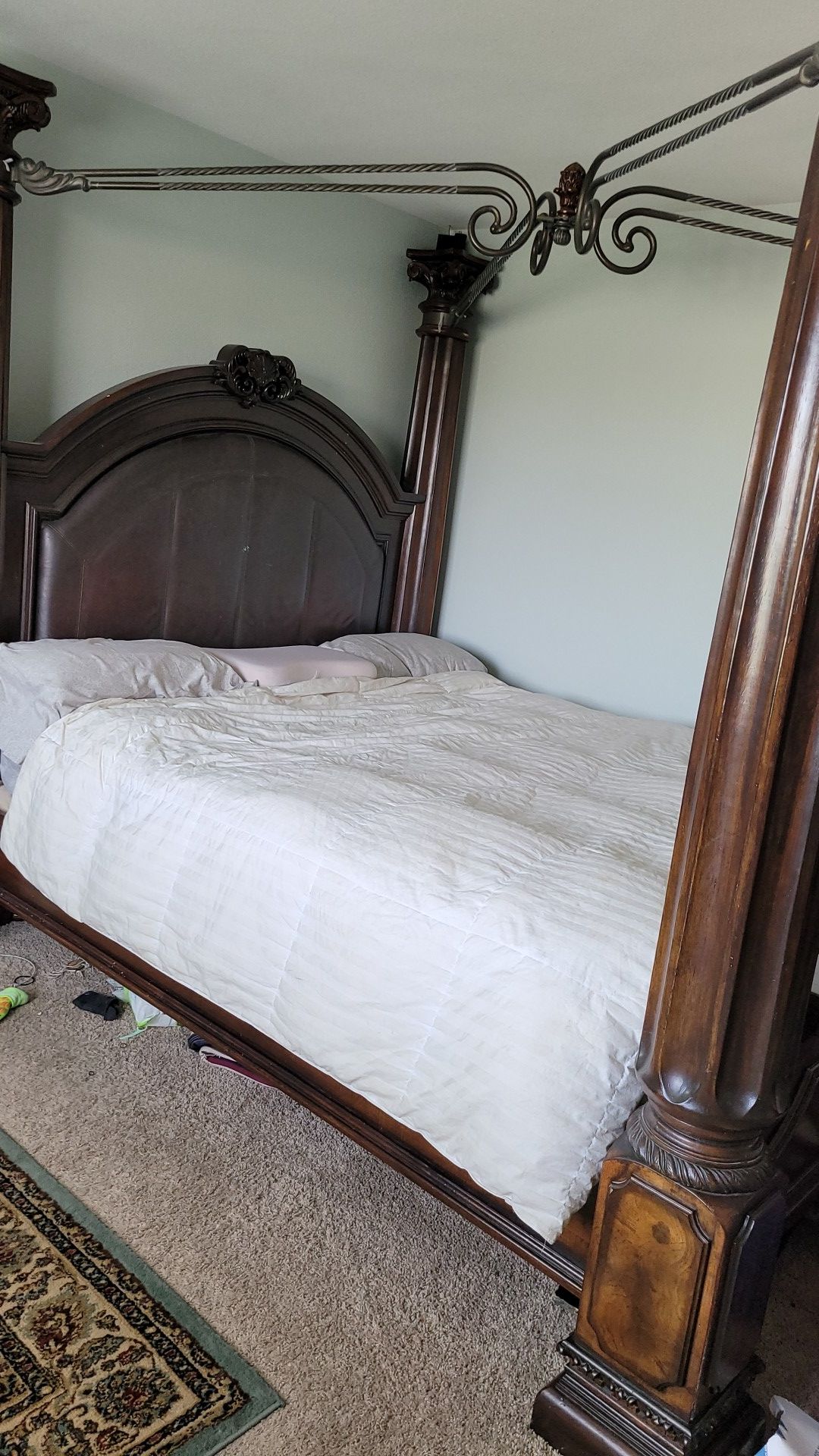 Cal King size bed with dresser mirror and 2 night stand