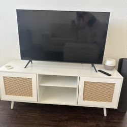 White Boho Style TV Table with Storage