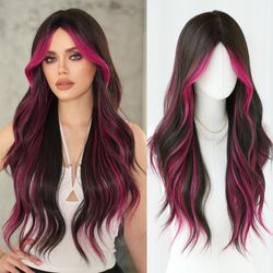 32in Natural Black Long Wavy Rose Pink Highlight Wigs With Curtain Bangs Natural Heat Resistant Synthetic Fiber Midlle Part Women Curly Wigs