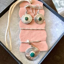 Silver And Jade Earrings And Nexklace