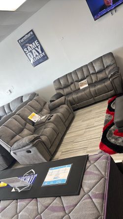 Memorial Day sale. Barcelona gray reclining sofa and loveseat set only $999. Easy finance option. Same-day delivery.