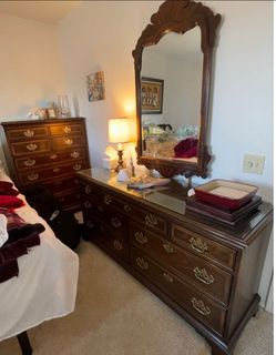 Drexel furniture, two night stands, one tall dresser, one short dresser with mirror, one head board