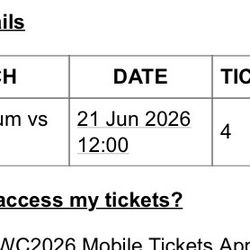 4 Tickets World Cup Iran Vs Belgium Great Seats 6/21
