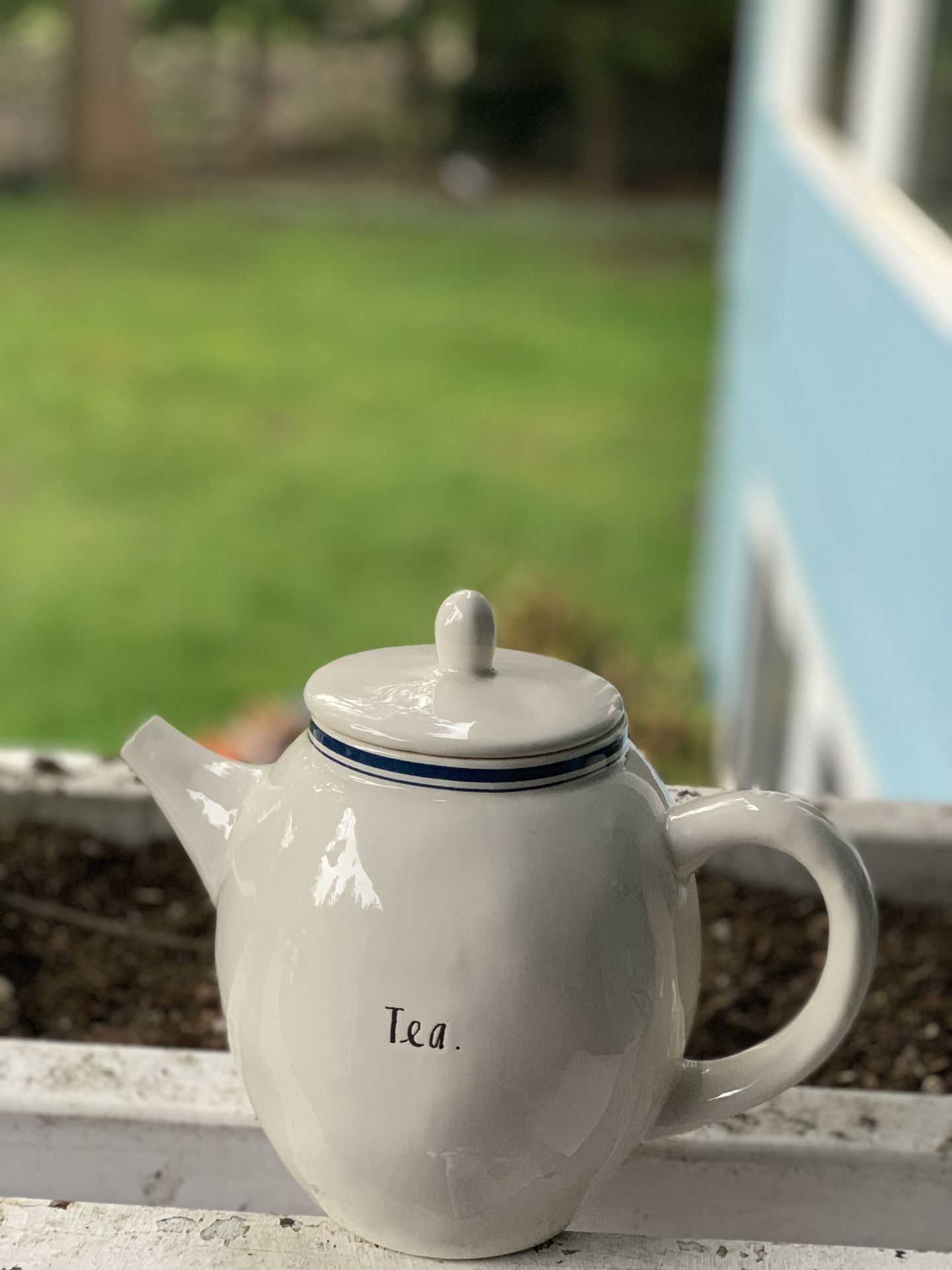 Rae Dunn blue line teapot