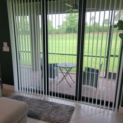 Crown White Cordless Room Darkening Vertical Blinds for Sliding Doors Kit with 3.5 in. Slats - 78 in. W x 84 in. L paid $149 pet free smoke free kid f