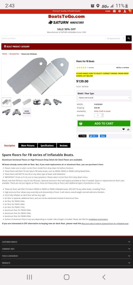 Aluminum Floor Boards For FB365 Inflatable Saturn Boat $75
