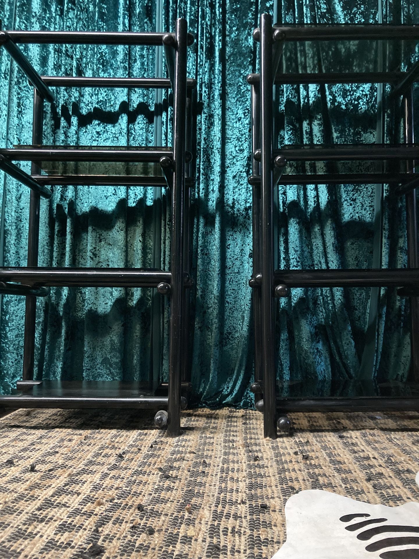 Pair Of Black Lacquer Post Modern Shelves