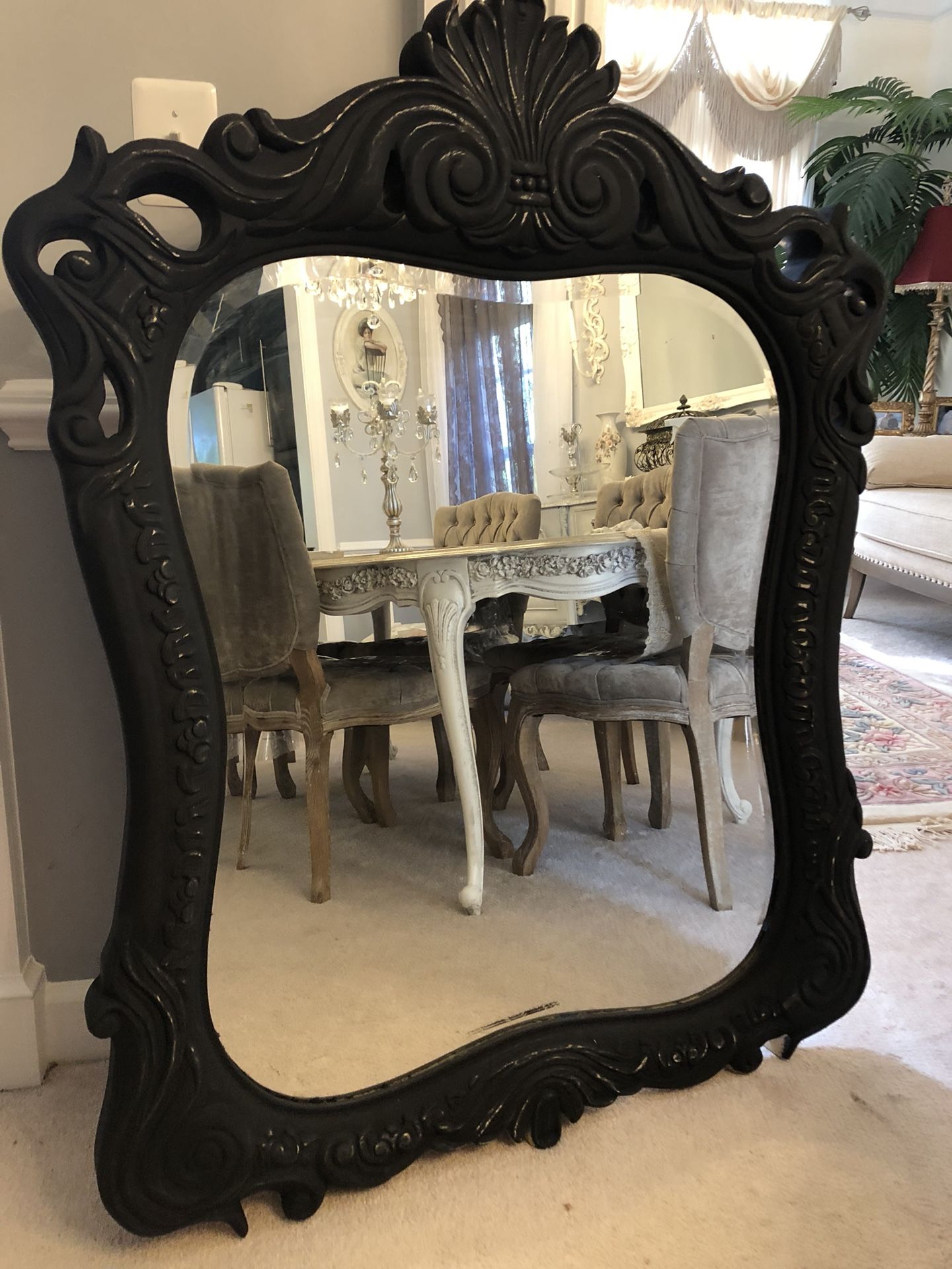 X Large Antique Wood Mirror Hand Painted in chalk charcoal paint.