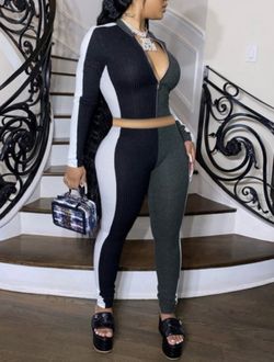 2 Piece Rib-knit Patchwork Jogger Set (Boutique Items)