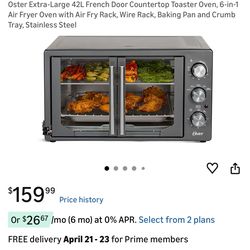 Oster Extra-Large 42L French Door Countertop Toaster Oven, 6-in-1 Air Fryer Oven with Air Fry Rack, Wire Rack, Baking Pan and Crumb