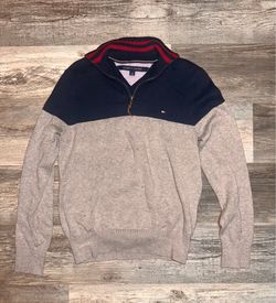 Tommy Hilfiger Men’s Zip-Up Colorblock Sweater - Navy, Light Gray & Red Trim