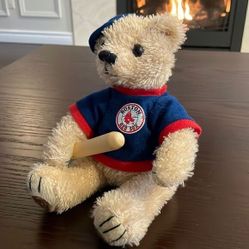MLB Boston Red Sox Plush Stuffed Animal Bear Wooden Bat Baseball Collectible 8” 