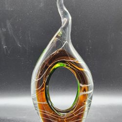 NF DESIGN Japan Blown Art Glass MCM Sculpture Paperweight Olive Green/white/Gold