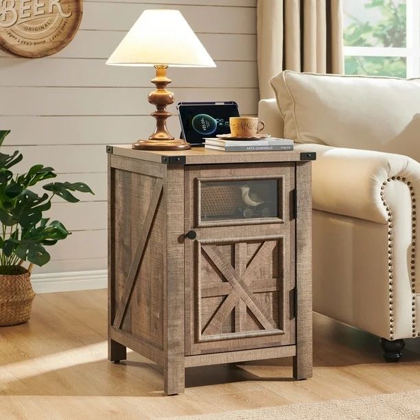 Farmhouse 18'' Nightstand with Charging Station for Living Room, End Table with Barn Door, Side Table with 3-tier Storage, Light Brown