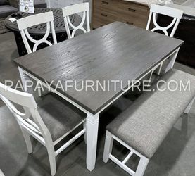 6-Piece Dining Set Table And Chairs Bench Dinette Set Dining Room Set Kitchen White Grey Ashley Style Cottage BIG Discount Furniture Warehouse SALE