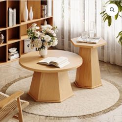 Set Of 2 Nesting Coffee Table, Round Coffee Table,Hexagonal Base Nesting End Table