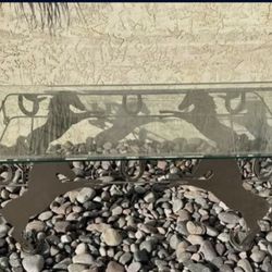 Hand Crafted Brutalist Cowboy Style Iron Base with Rectangular Beveled Glass Coffee Table
