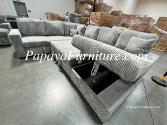 NEW LARGE U Shape Sectional Sofa STORAGE Chaise Set Pullout Sleeper Bed Light Grey Plush Fabric Big Sale Pull out Sofabed Ashley Style Discount DEAL