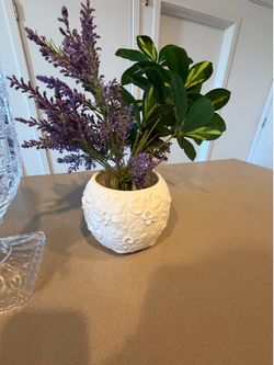 White Floral Embossed Ceramic Vase with Faux Lavender & Greenery