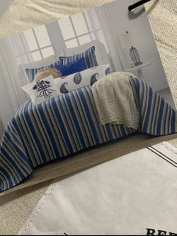 Blue Indigo Bars Cream Full Queen Quilt Set 