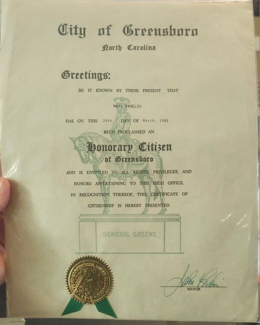 1985 Greensboro NC Honorary Citizen Re: Maya Angelou 