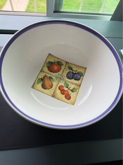 Big 5” X 12” Kitchen Fruit Bowl. Deep and Wide. White & Blue. Made in Italy