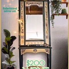 Vintage Hand-Carved Vanity Mirror Table – Teal & Gold Ornate Dressing Table