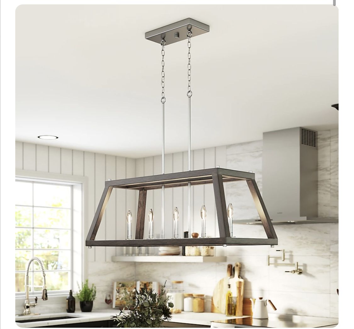 New 37.4” W Forrester Teak Wood Chandelier Satin Nickel Accents 1341855 Linear Dimmable Adjustable