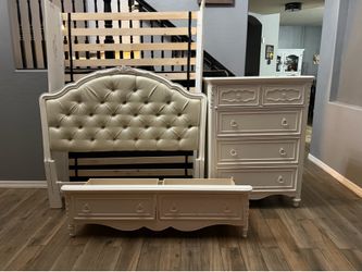 Queen size bed frame with head and footboard. 4 drawer chest.