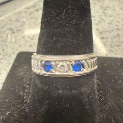 10KT White Gold Ring/ Blue Stone & Lab Diamond  43395-1
