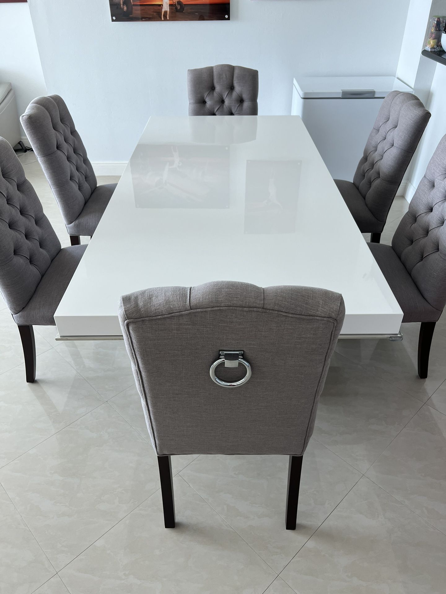 White Dinning Table & Gray Chairs 