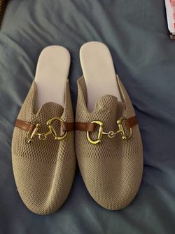 Beige Knit Horsebit Mule Loafers – Gold Hardware – Size 40