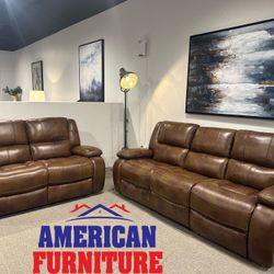 Brown Genuine Leather Sofa & Loveseat 4x Recliners 