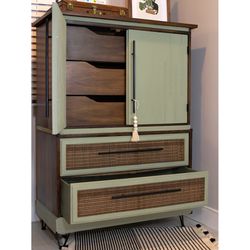 Walnut Wood Armoire Dresser Wardrobe w/ Bamboo Boho MCM Sage Green