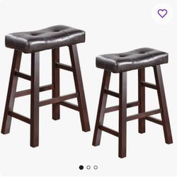 Set of 2 29” High Dark Espresso/Brown Wood Counter Bar Stools with Bonded Leather Seat